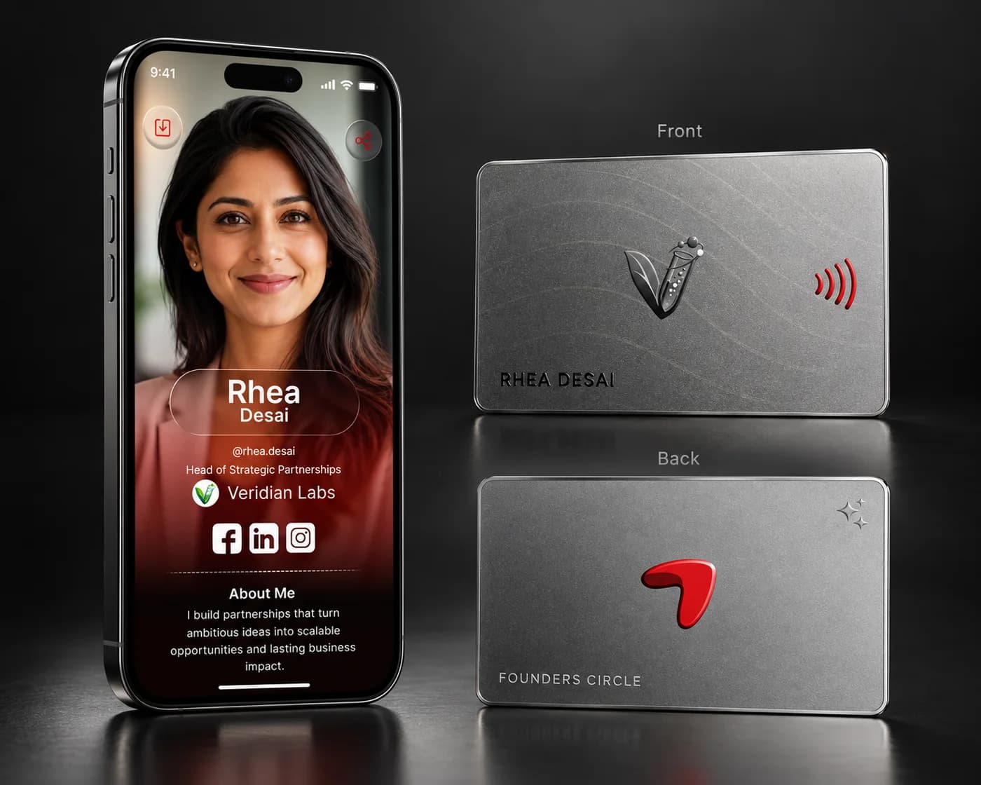 A phone showing Rhea Desai’s Linkist profile, with the front and back of a brushed-metal Founders Circle NFC card. The person is an example.