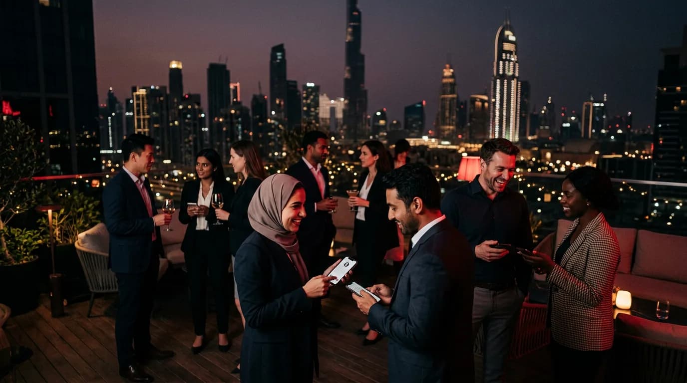 Professionals exchanging contacts on their phones at an evening event in Dubai