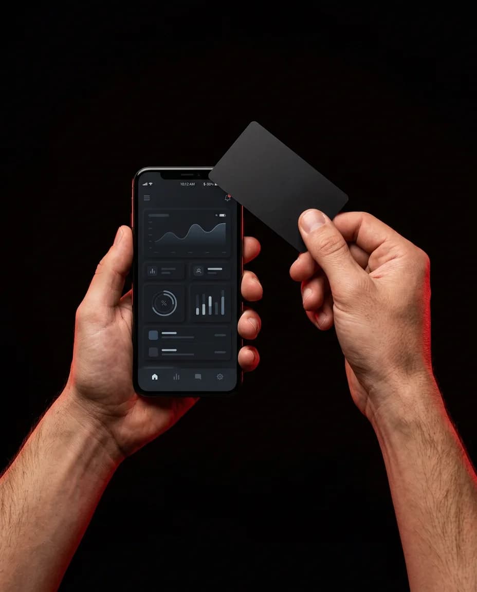 A hand tapping a Linkist NFC card on a phone