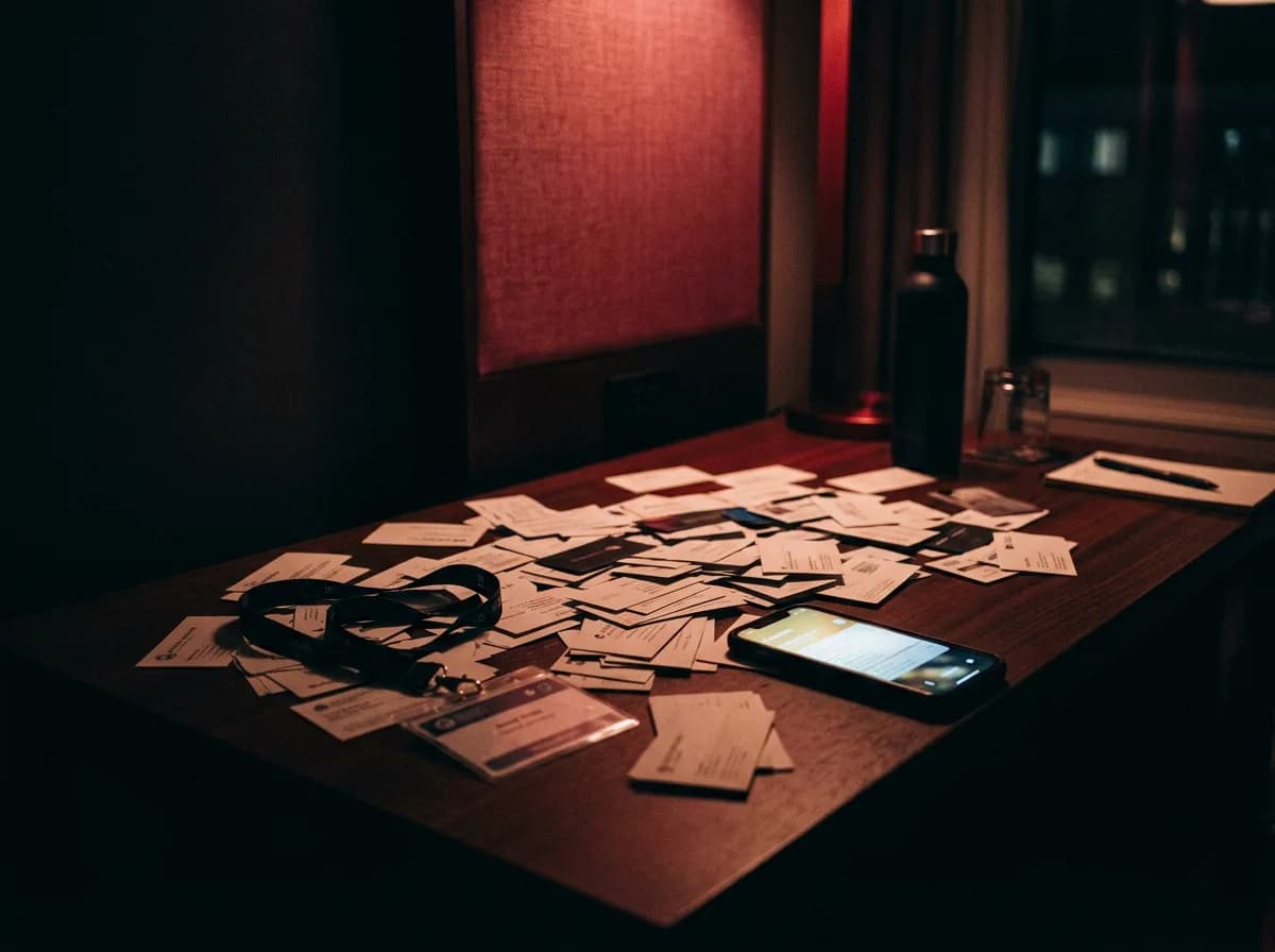 A desk at night with a pile of business cards and a phone