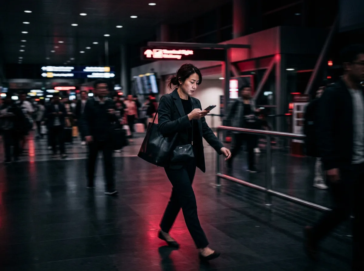A busy professional walking through an airport checking her phone