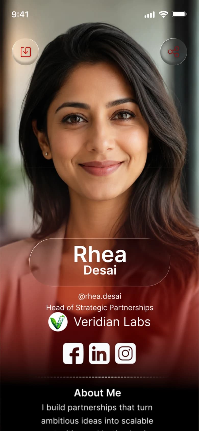 Design preview. A public profile: Rhea Desai, Head of Strategic Partnerships, with social links and About Me