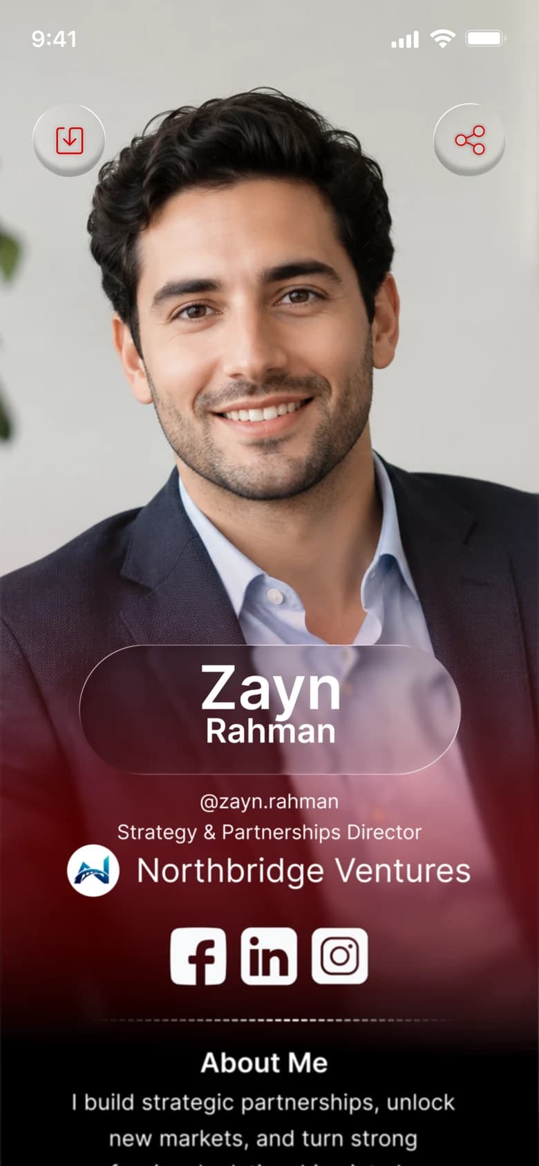 Design preview. A public profile: Zayn Rahman, Strategy and Partnerships Director, with social links and About Me