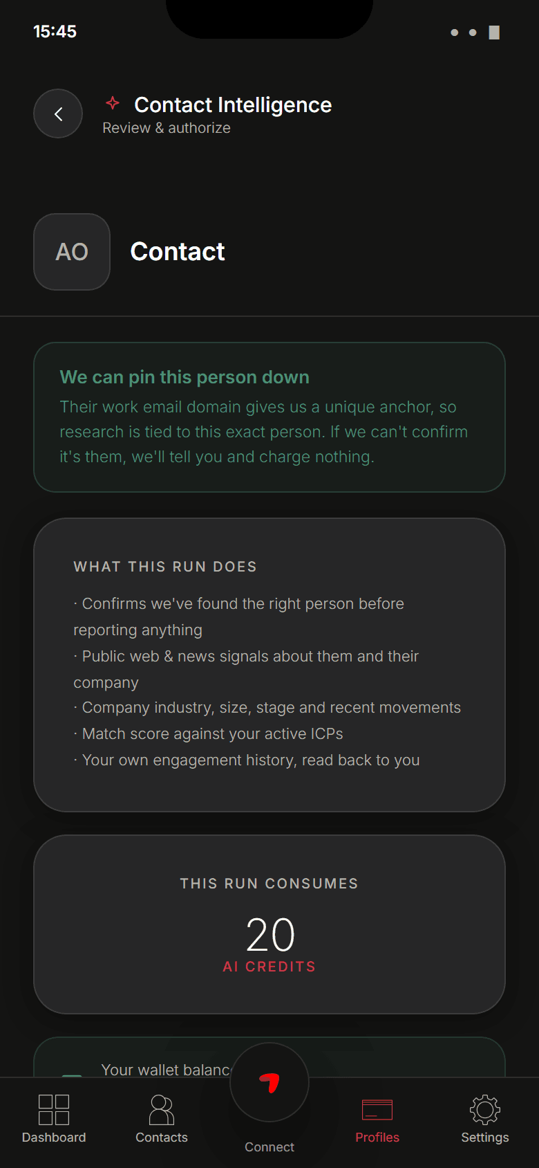 Design preview. Contact intelligence: what AI Enrichment will fill and what it costs
