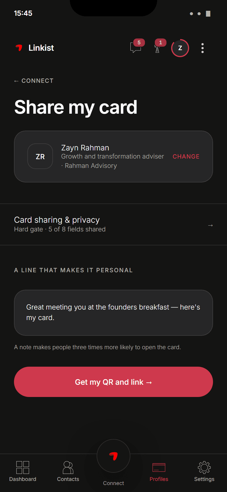 Design preview. Share my card: the card, what it shows, and a personal line