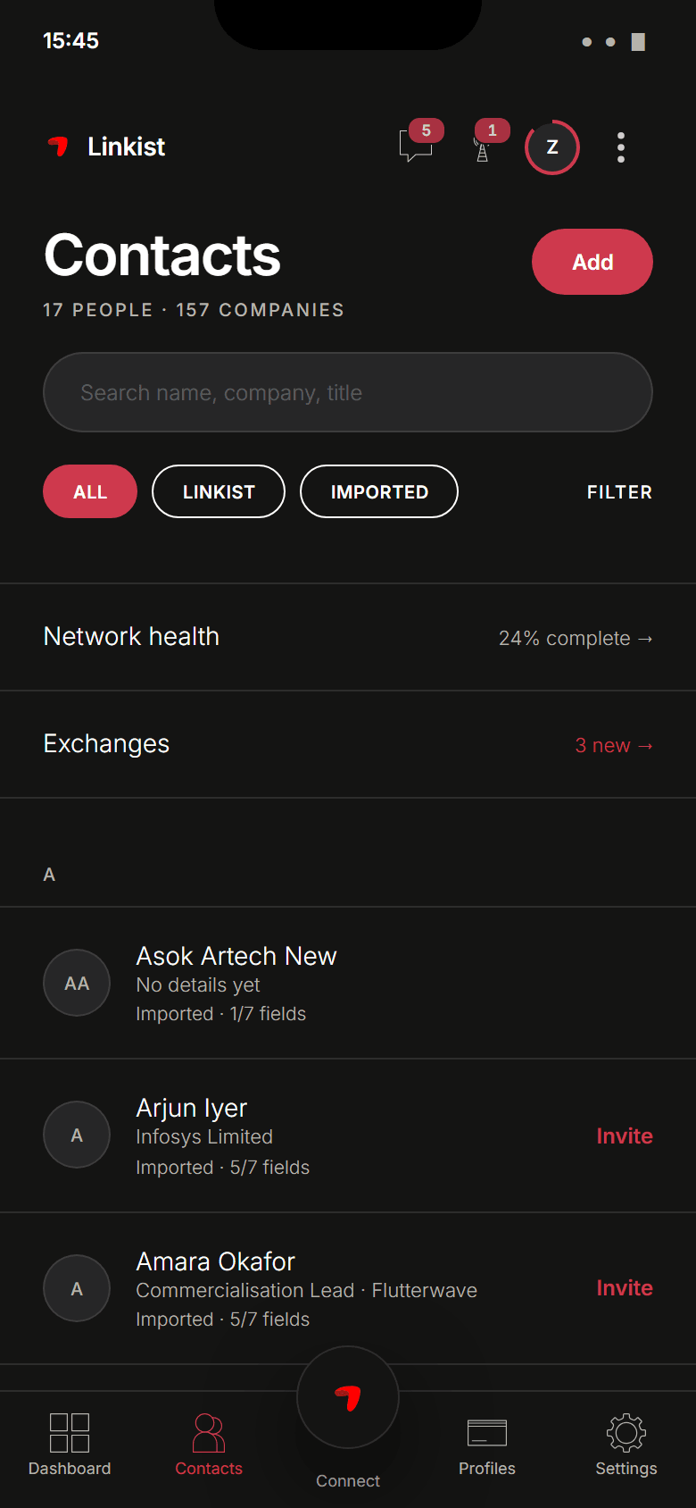 Design preview. Contacts: search, Linkist and imported filters, network health, exchanges and the list